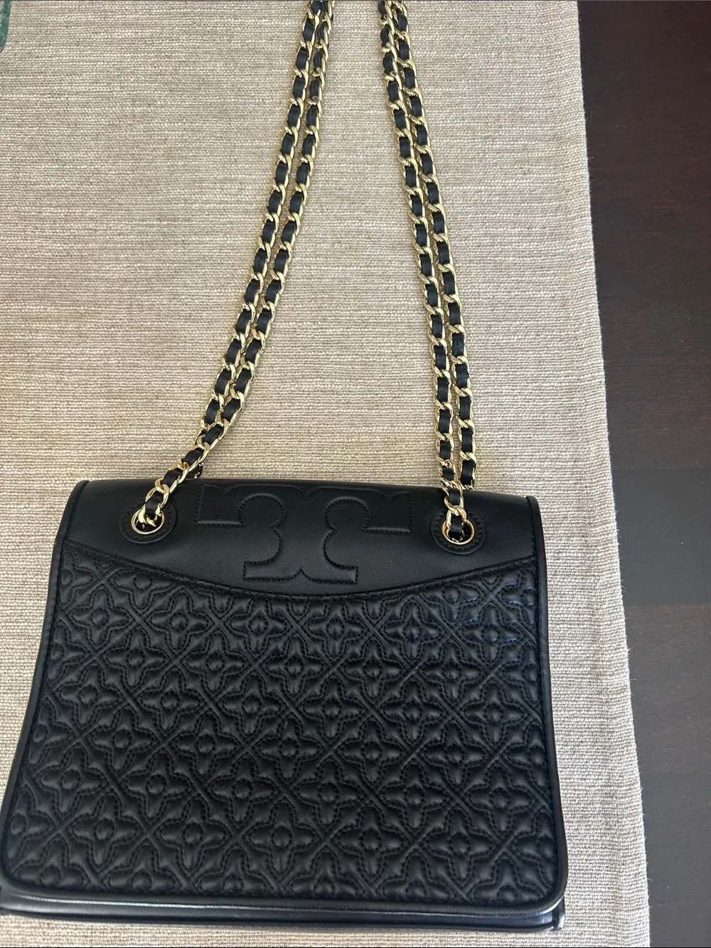 Tory Burch Black Quilted Leather Shoulder Bag with Gold Chain